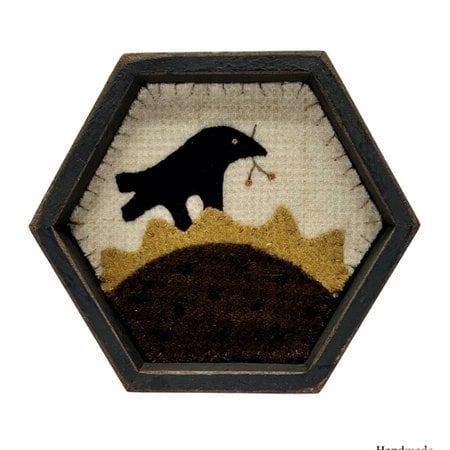 Wool Crow On Sunflower Applique Octagon Frame - 6"