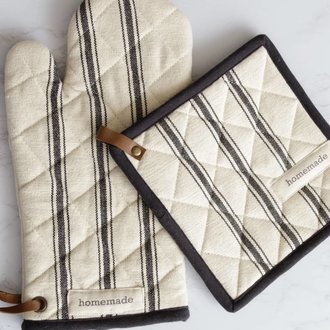 Oven Mitt & Pot Holder Black Ticking Stripe Set 2