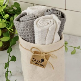 White & Gray Waffle Dish Cloths in Canvas Bag Set 4