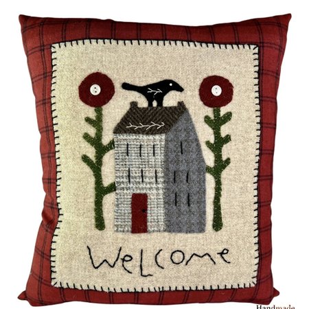 Welcome Wool Pillow with Salt Box House