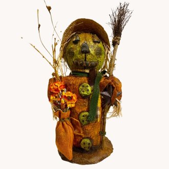 Handmade Scarecrow with Orange Bag & Broom - 17" T