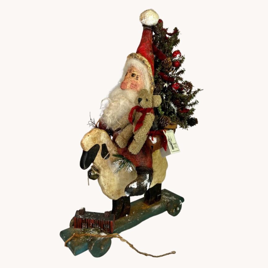 Krisnick Santa with Pull Toy On Sheep with Tree - 13"