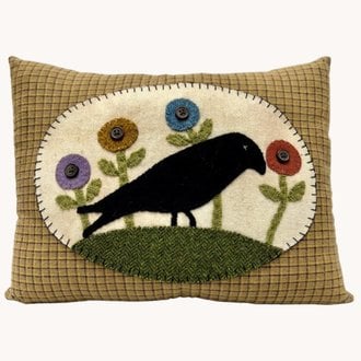 Small Wool Pillow Plaid with Crow & Floral Applique