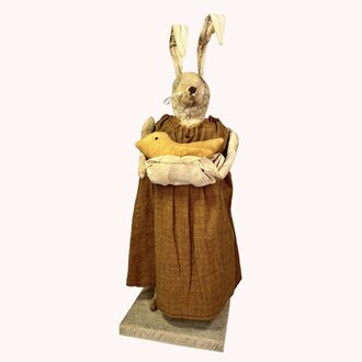 Girl Rabbit in Sienna Dress Holding Baby Chick In Apron 21"