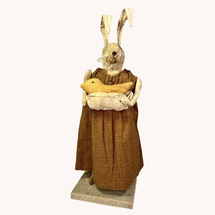 Girl Rabbit in Sienna Dress Holding Baby Chick In Apron 21"