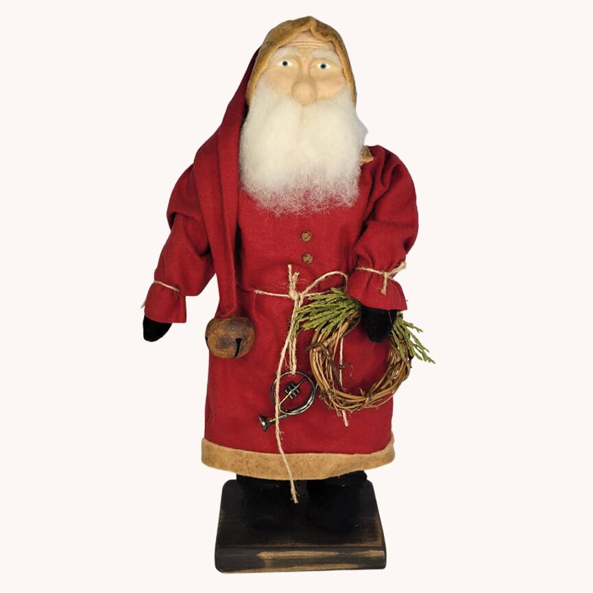 Santa Red Coat Holding French Horn and Wreath - 14" T