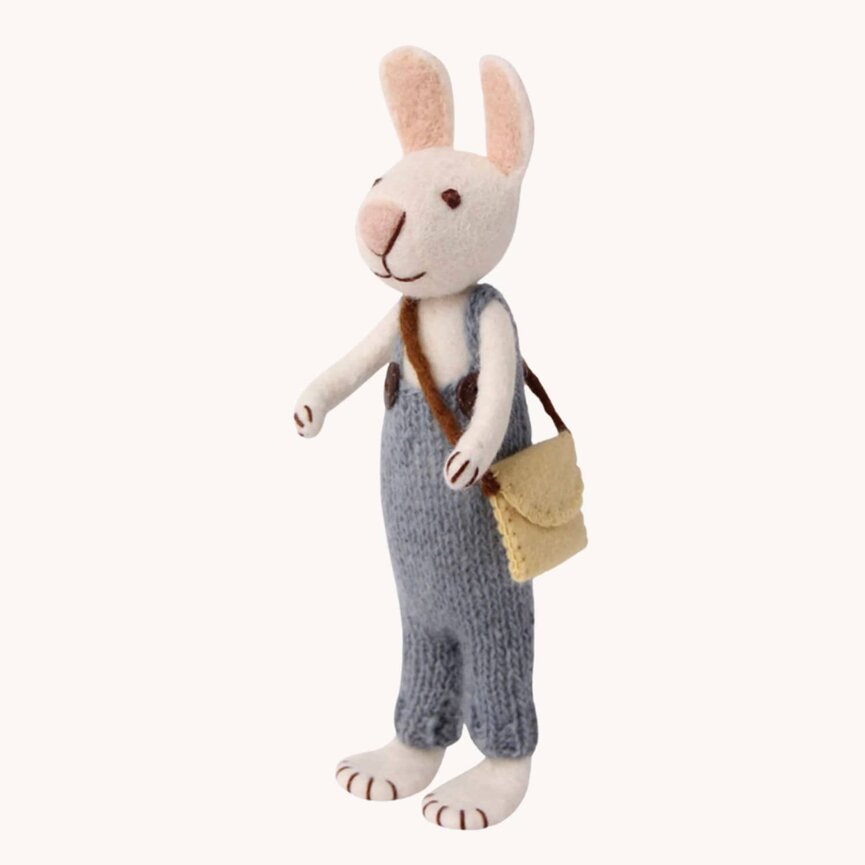 Boy Bunny Rabbit Doll Wool Felt X-Large White Blue Pants & Bag - 24"