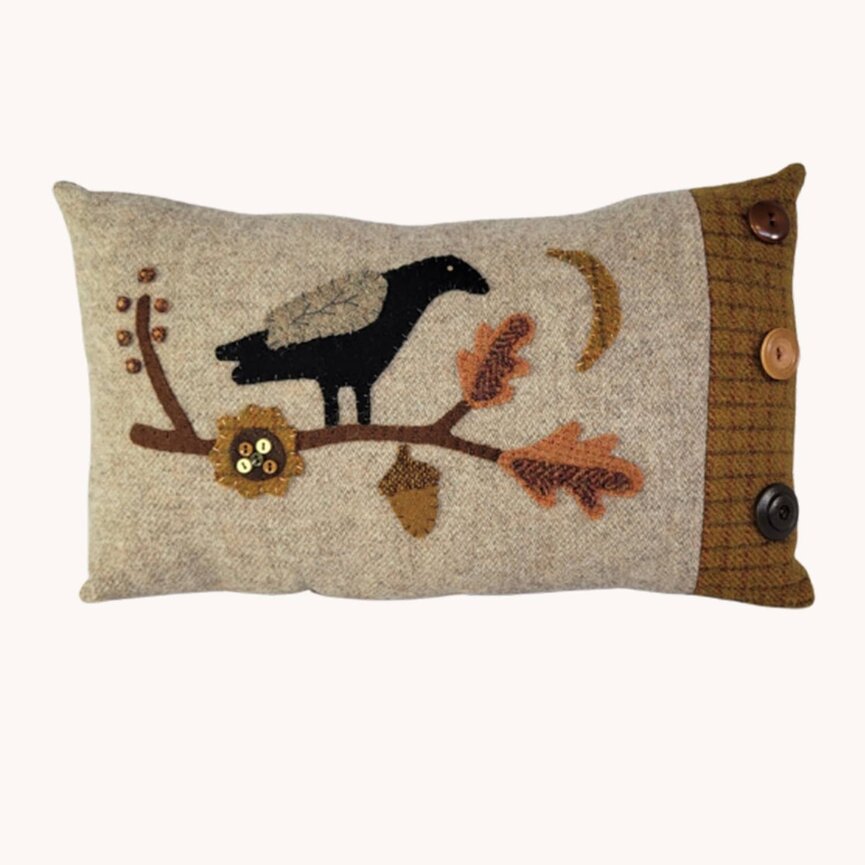 Crow on Oak Leaf Branch Wool Pillow - 12" L x 8" T