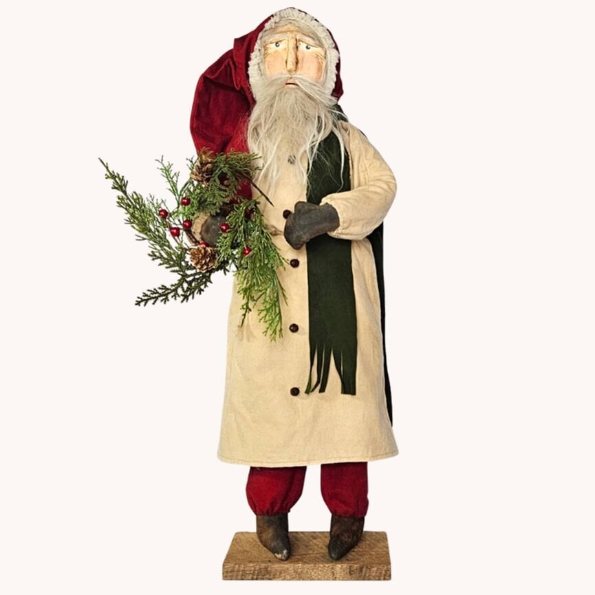 Primitive Santa Cream Coat Holding Wreath - 23" T