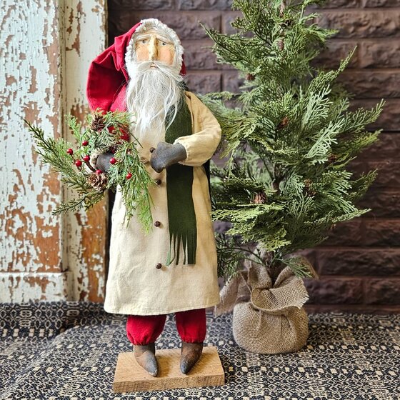 Primitive Santa Cream Coat Holding Wreath - 23" T