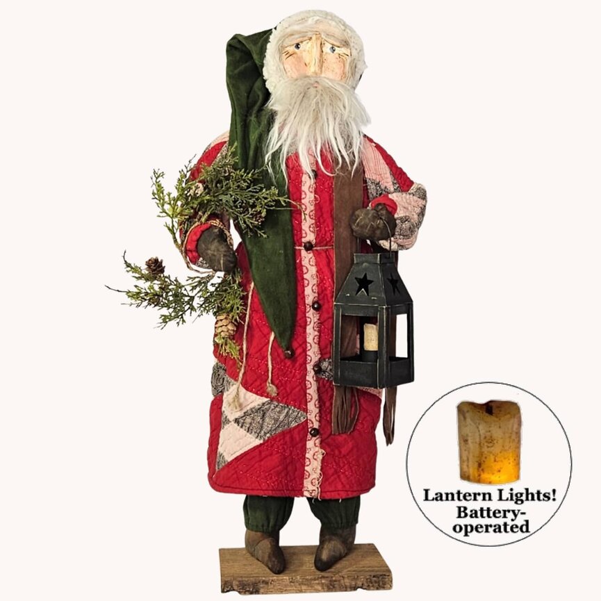 Primitive Santa Tattered Red Quilt Holding Lantern - 24.5"