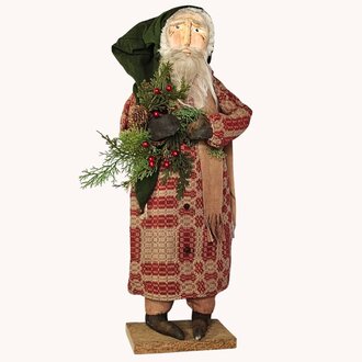 Primitive Santa in Red Coverlet Suit with Green Scarf Holding Wreath - 24" T