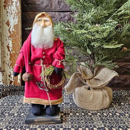 Santa Red Coat Holding French Horn and Wreath