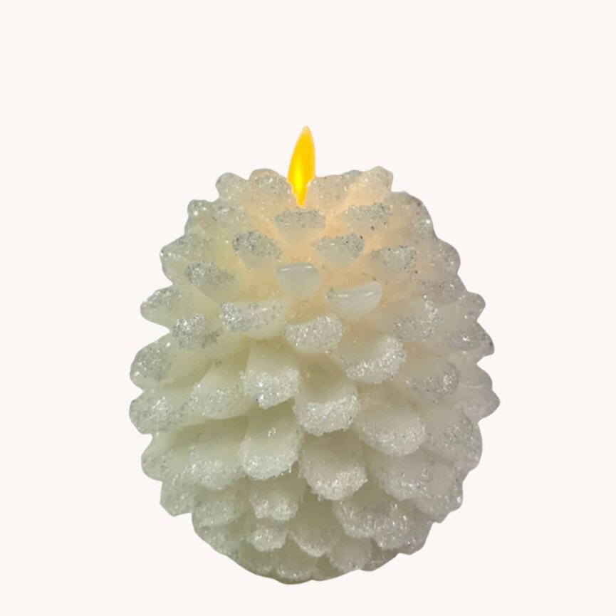 Pinecone White Wax Snowy Candle -  4.5" T