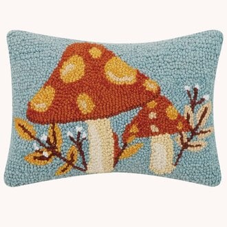 Autumn Mushroom with Leaves Hooked Pillow