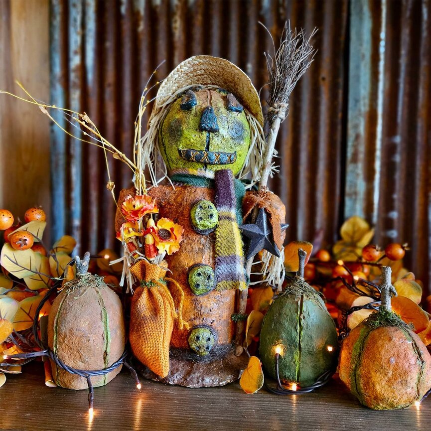 Handmade Scarecrow with Orange Bag & Broom - 17"