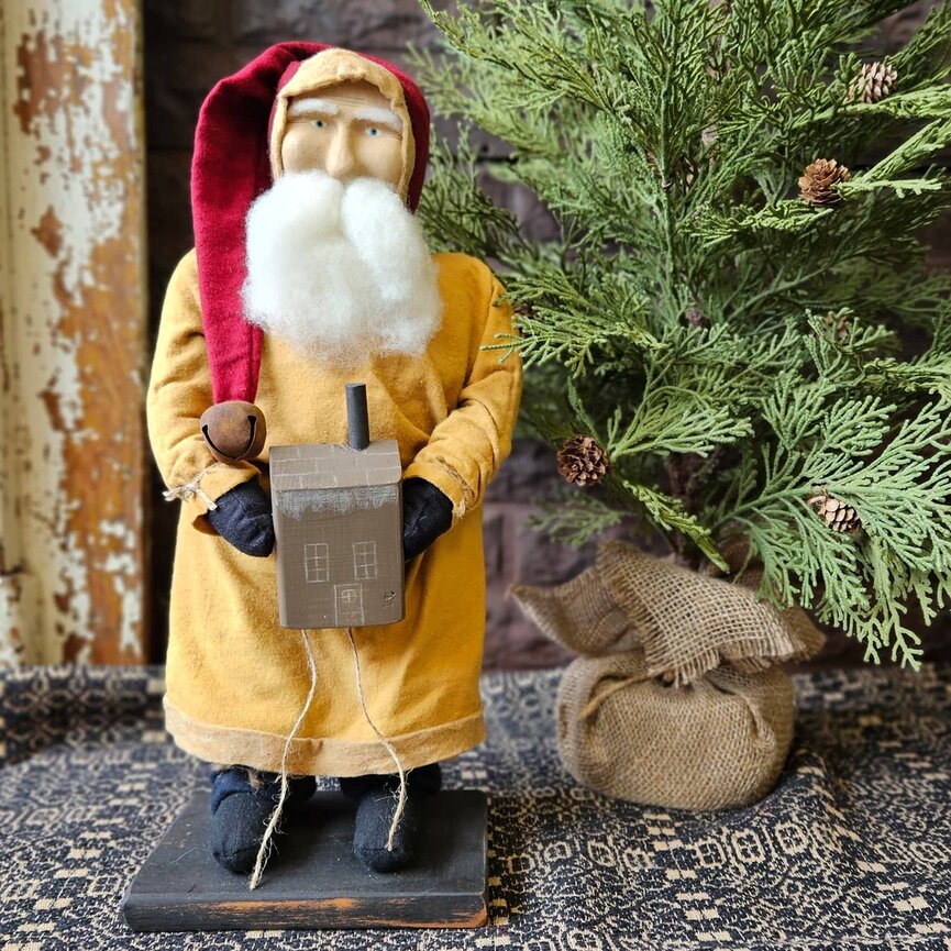 Santa Mustard Coat Holding Gingerbread House - 17" T
