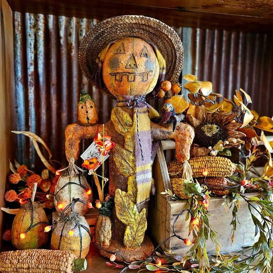Krisnick Pumpkin Scarecrow in Straw Hat - 22"
