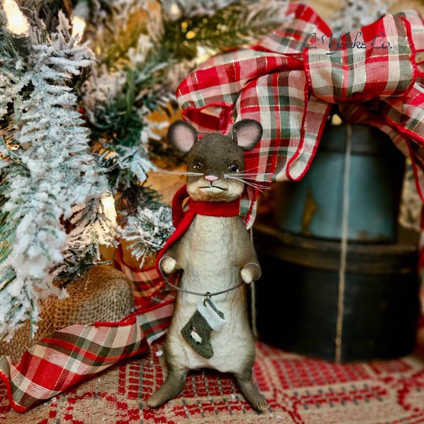 Brown Christmas Mouse Figurine with Stocking - 6.5"