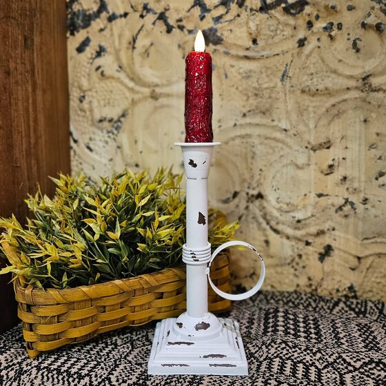 Ruby Red Moving Flame Timer Taper with Distressed Metal  Base