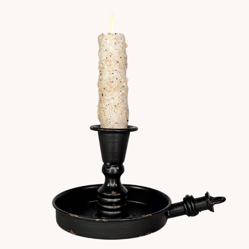 Scrooge Candlepan Black with Tranquility Moving Flame Taper Candle - 8"