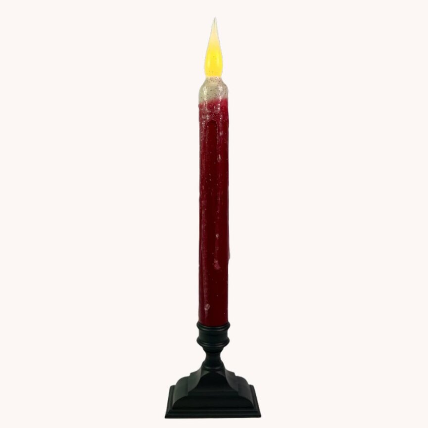Frosted Red Hand Waxed Taper Candle with Base - 10"