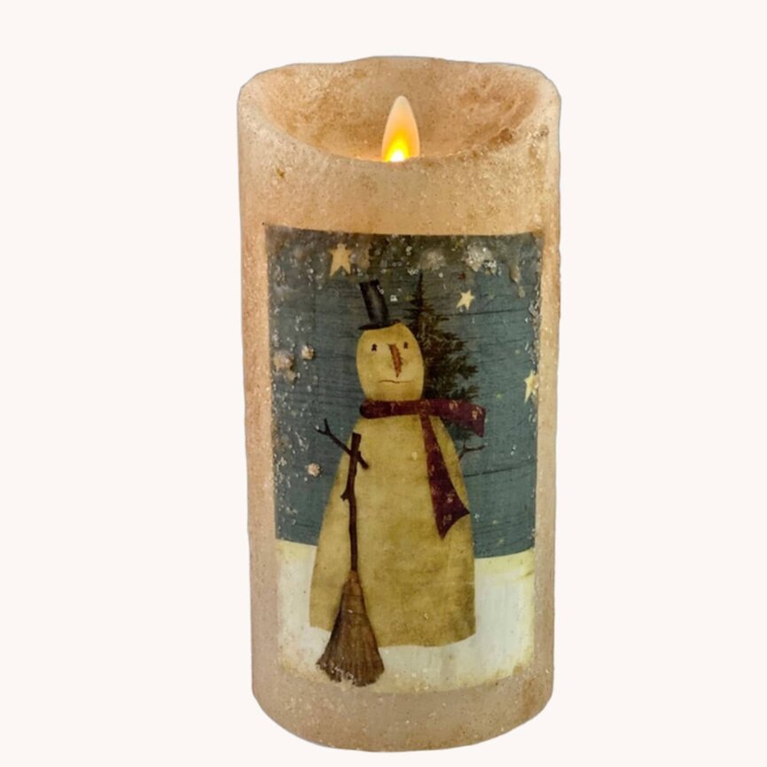 Snowman with Broom Ivory Moving Flame Pillar Candle - 3.5x7