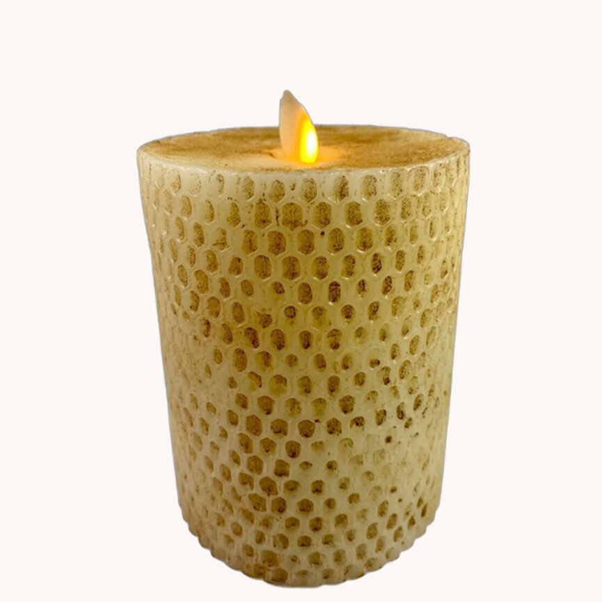 Primitive Burnt Ivory Honeycomb Beeswax Moving Flame Pillar Candle - 3.4x 5