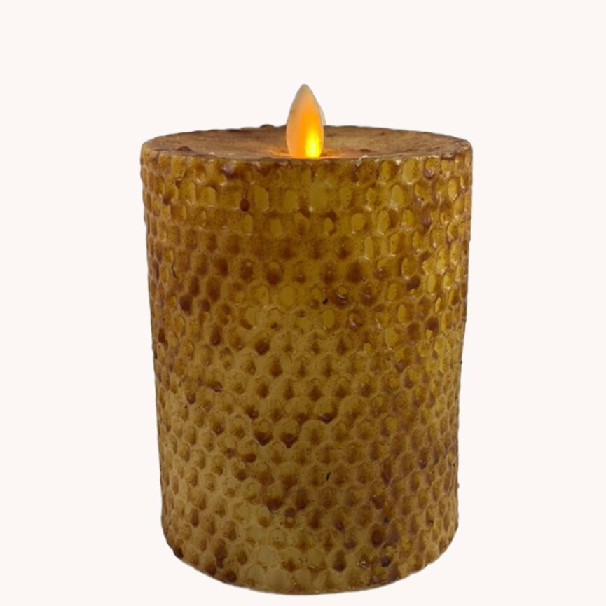 Primitive Mustard Honeycomb Beeswax Moving Flame Pillar Candle - 5" x 3.5"
