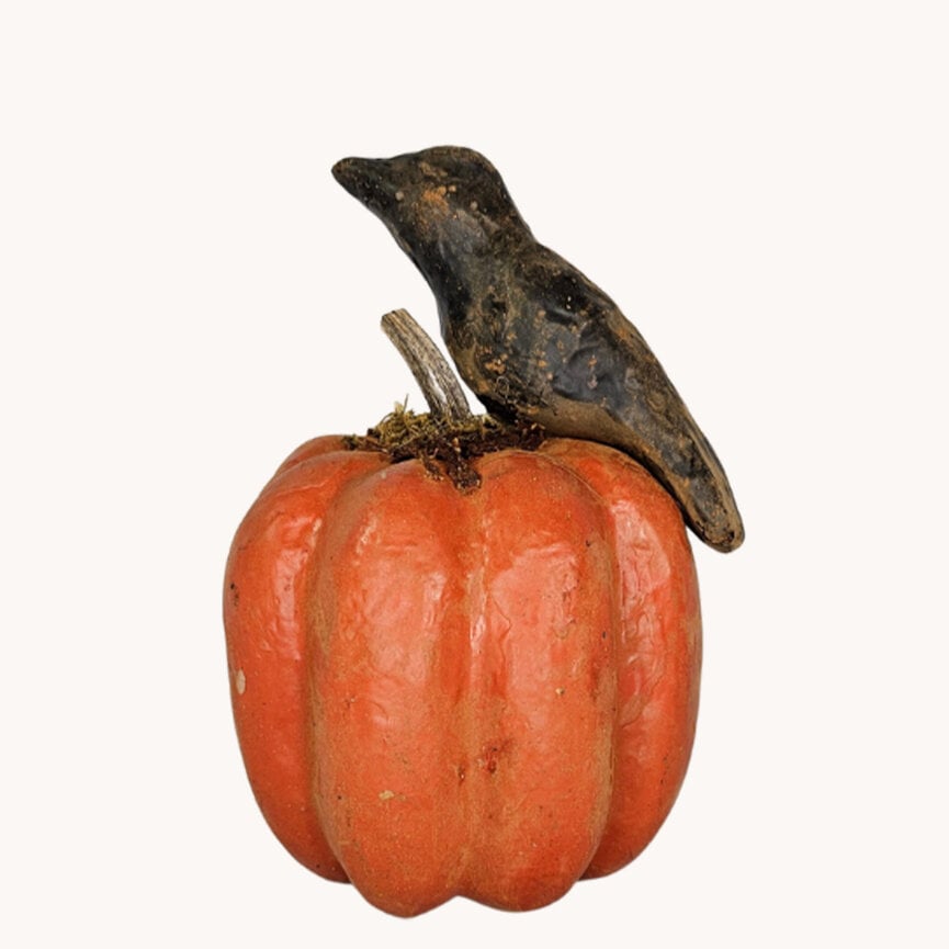 Oval Papier-Mache' Pumpkin with Crow - 9"x5.5"
