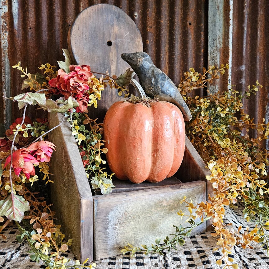 Oval Papier-Mache' Pumpkin with Crow - 9"x5.5"