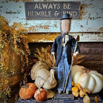 Amish Gentleman Doll Holding Primitive Hoe - 24"