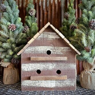 Cabin Bird House Lath Roof 3 Hole Wooden - Small