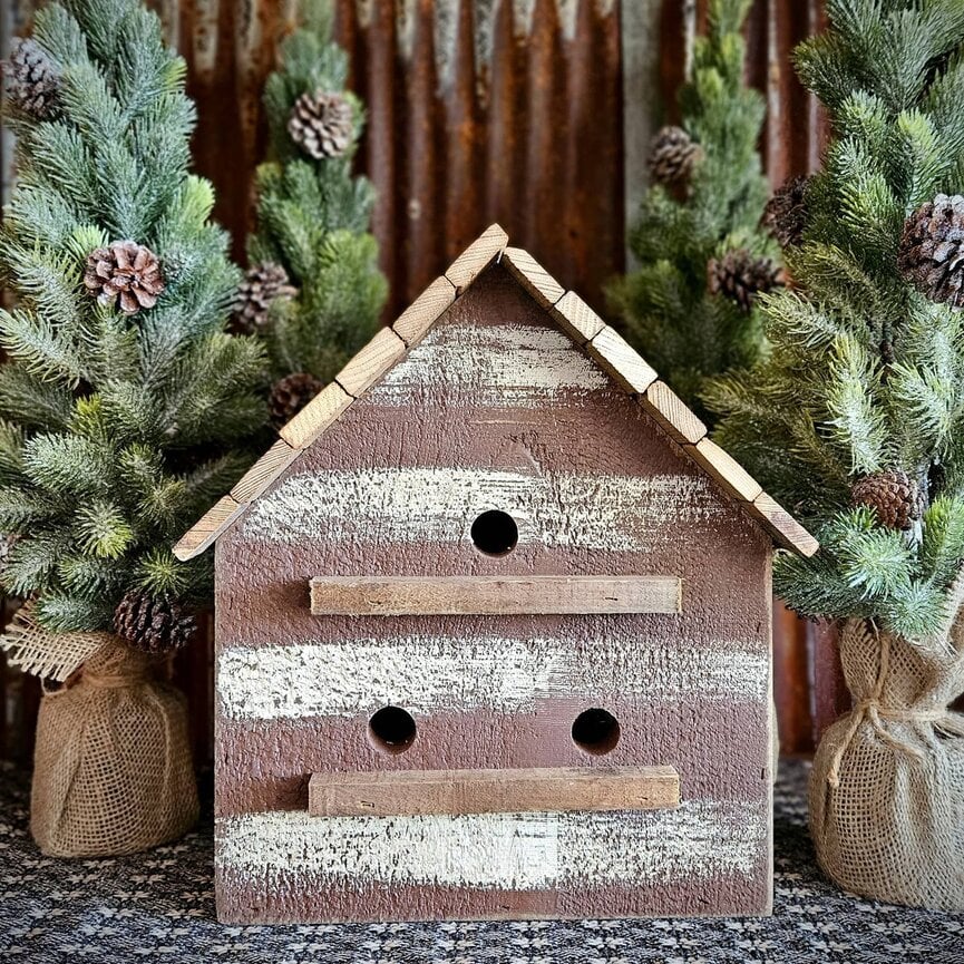 Cabin Bird House Lath Roof 3 Hole - 14"x12"x 9.5"