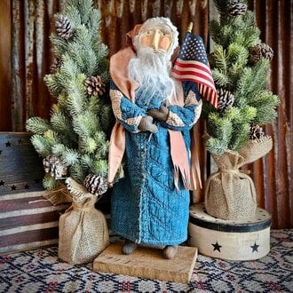 Primitive Americana Santa in Tattered Quilt Robe - 20"