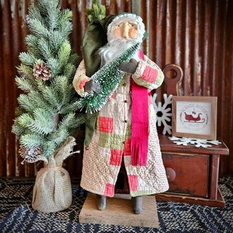 Primitive Santa in Tattered Quilt Robe with Bottle Brush Tree - 20"