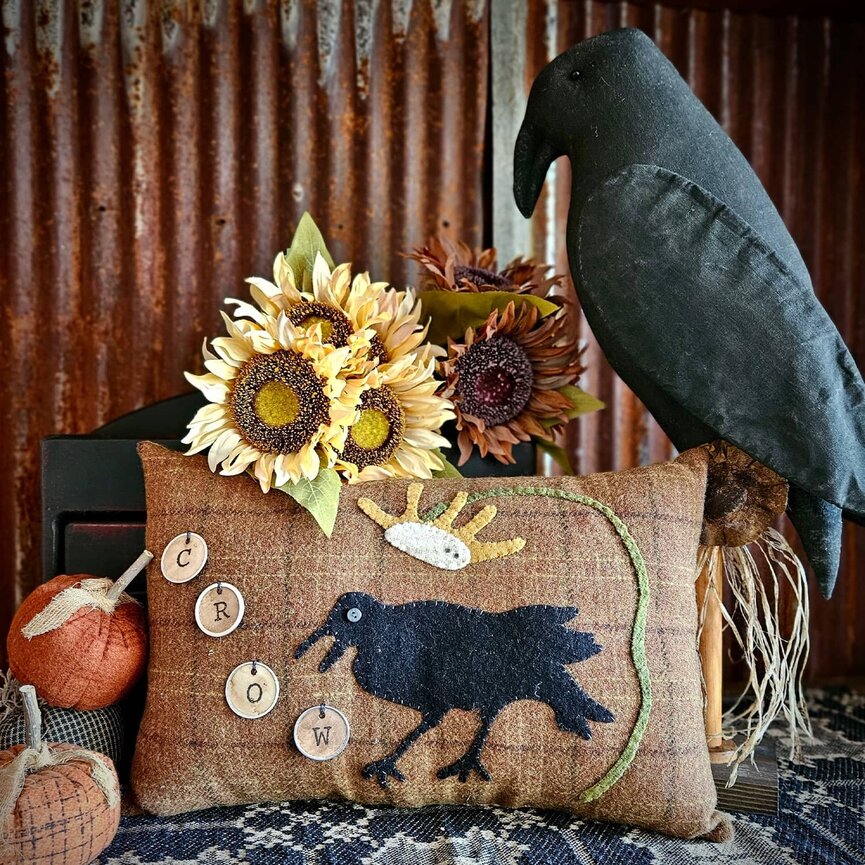 Black Crow Wool Applique with C.R.O.W. Tags Pillow - 15x10