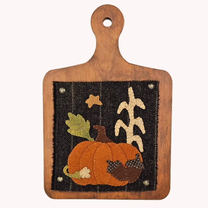 Fall Wool Pumpkin Applique on Cutting Board - 12x8