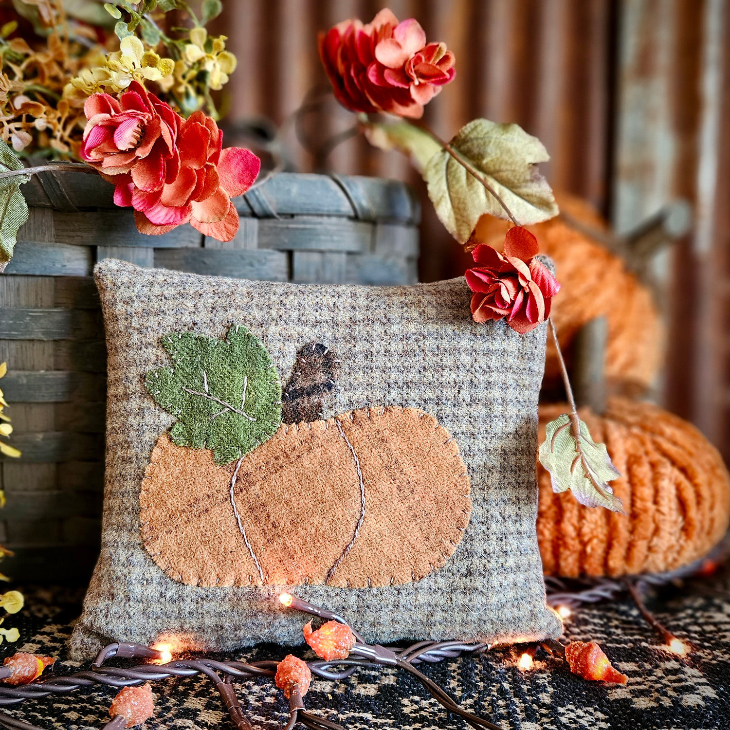 Pumpkin Bowl Filler Wool Pillow Brown Checks - 7x6