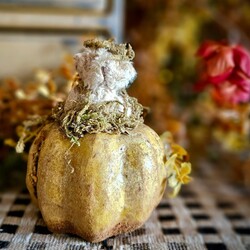 Tiny Bear In Papier-Mache' Pumpkin Mustard - 4x3