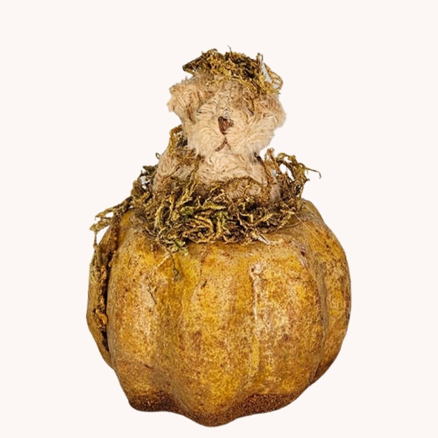 Tiny Bear In Papier-Mache' Pumpkin Mustard - 4x3