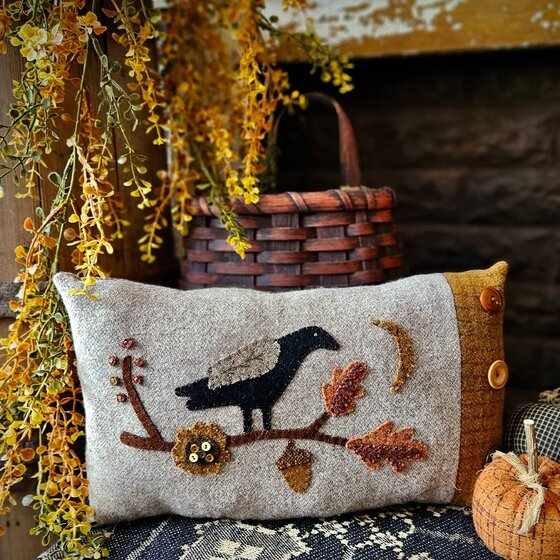 Crow on Oak Leaf Branch Wool Pillow
