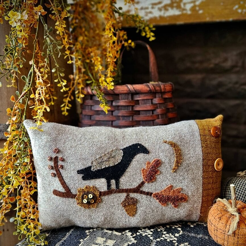 Crow on Oak Leaf Branch Wool Pillow - 12" L x 8" T