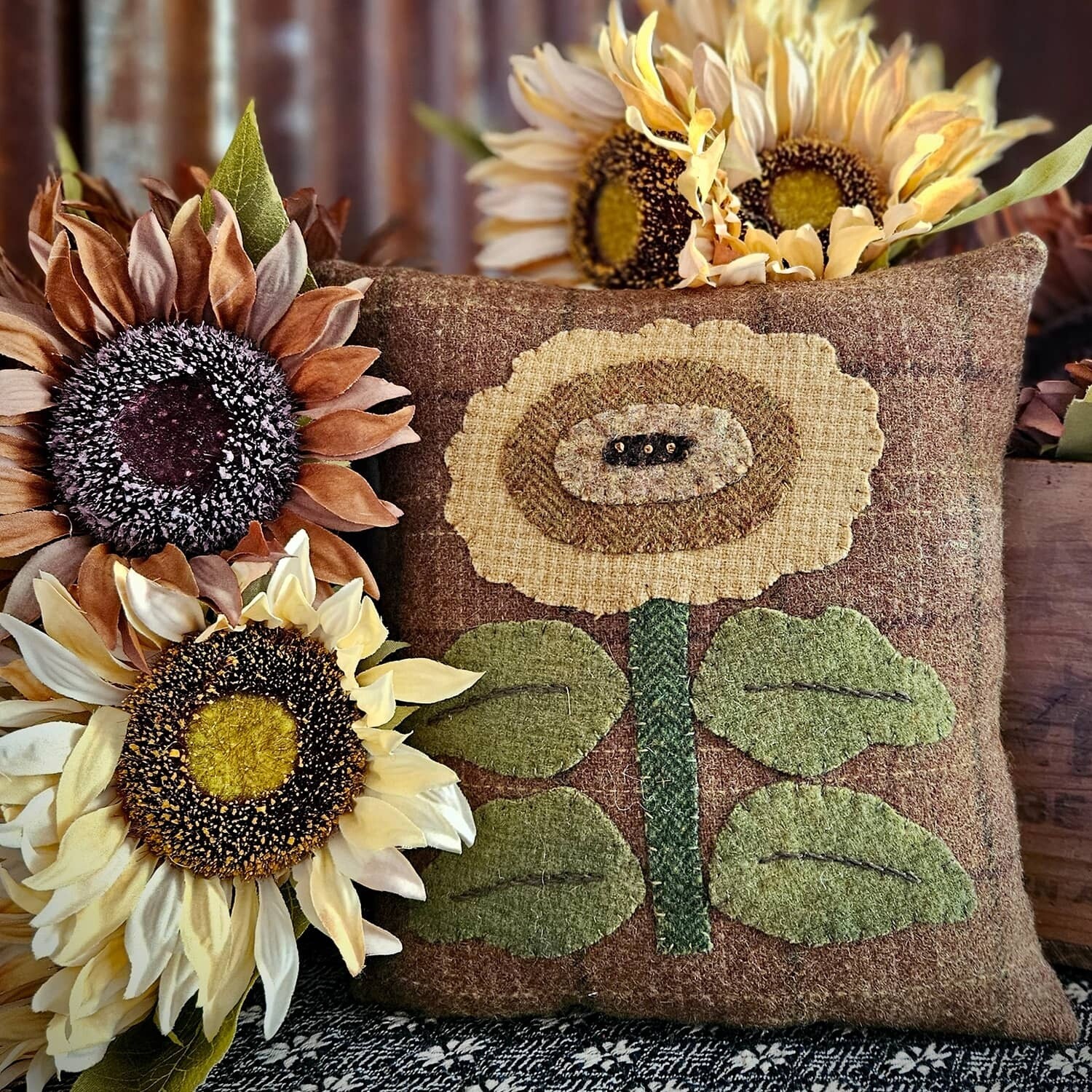 Sunflowers Wool Applique Pillow - 9x8