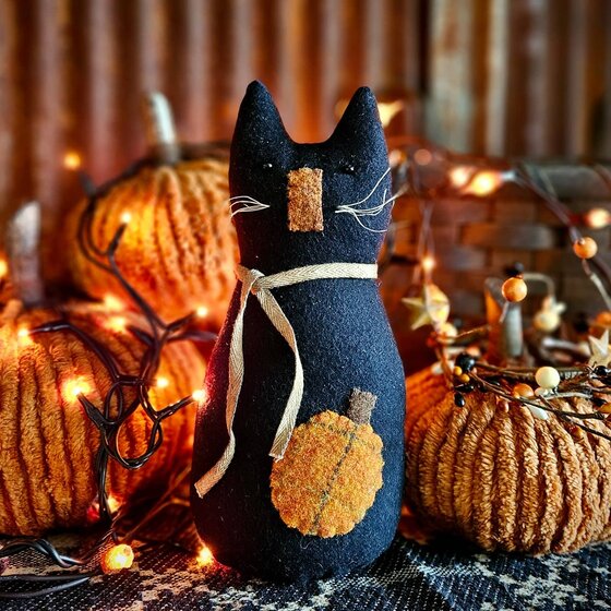 Black Cat Doll with Pumpkin - 8.5"