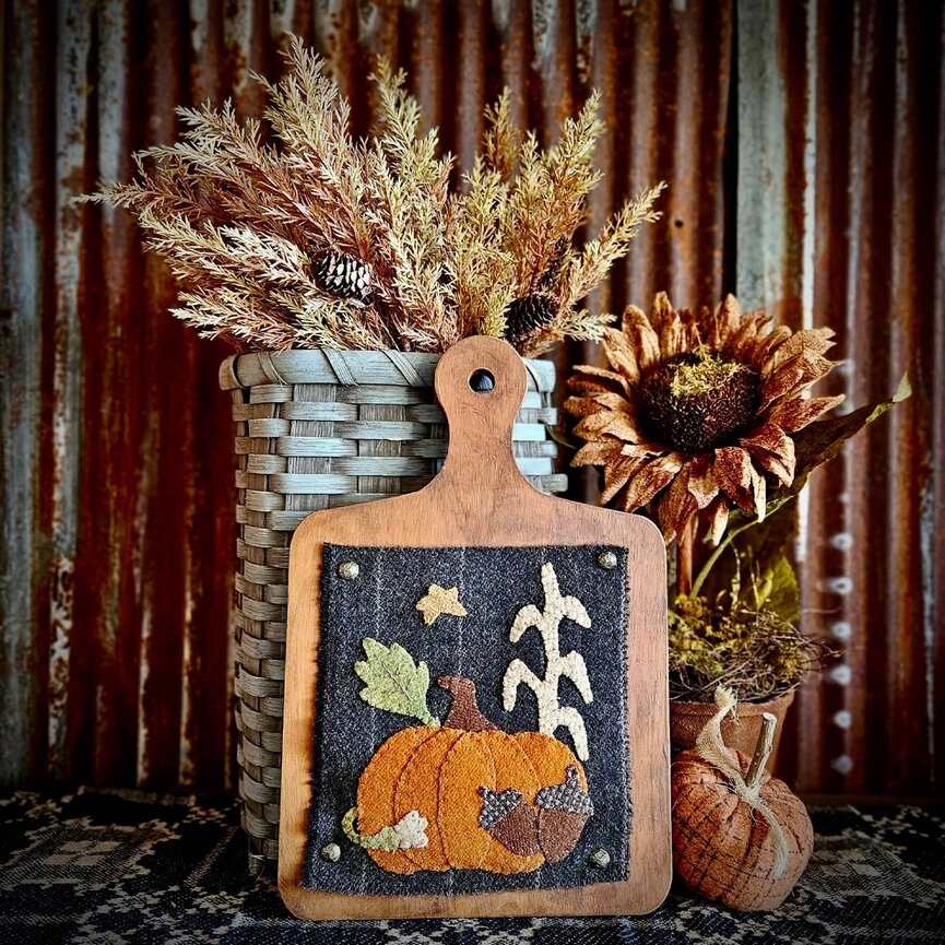 Fall Wool Pumpkin Applique on Cutting Board - 12x8