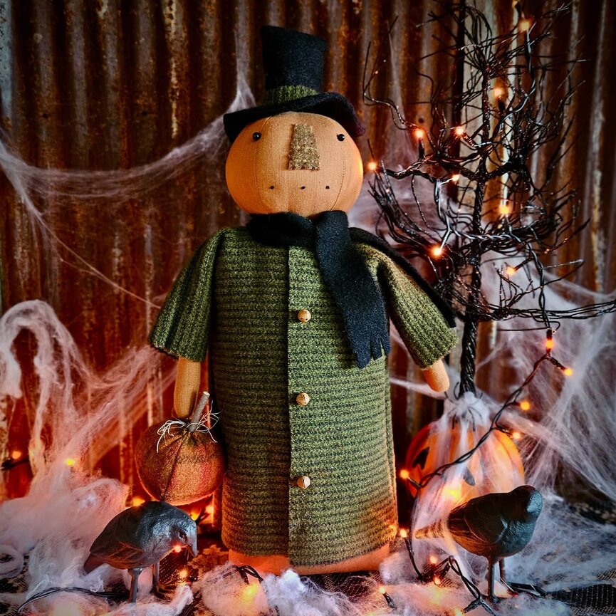 Pumpkin Boy Long Green Coat Holding Plaid Pumpkin Weighted Base 19" T