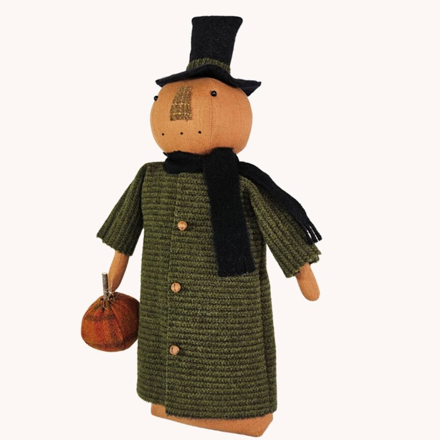 Pumpkin Boy Long Green Coat Holding Plaid Pumpkin Weighted Base 19" T