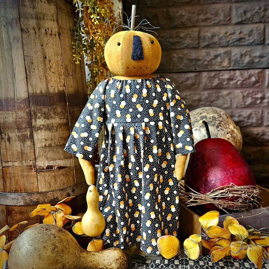 Pumpkin Girl Doll Polka Dot Print Dress Holding Gourd - 23"