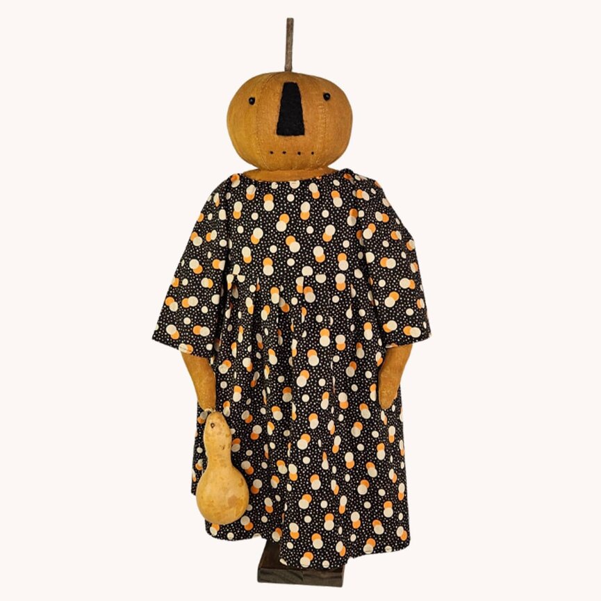 Pumpkin Girl Doll Polka Dot Print Dress Holding Gourd - 23"